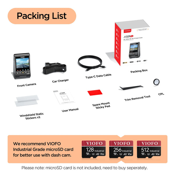 VIOFO A329S-1CH | 4K, 60FPS Front-Facing Dash Cam w/ HDR & WiFi-6