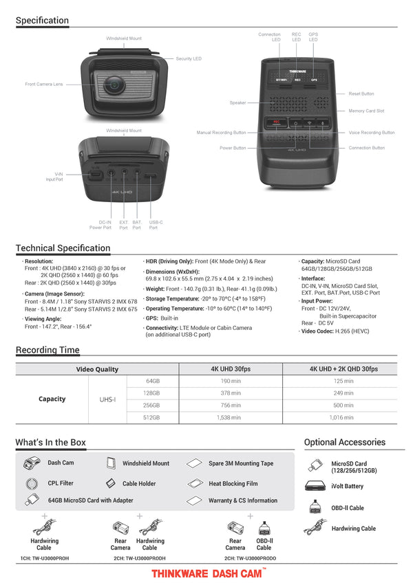 Thinkware U3000 PRO 1CH | Specifications