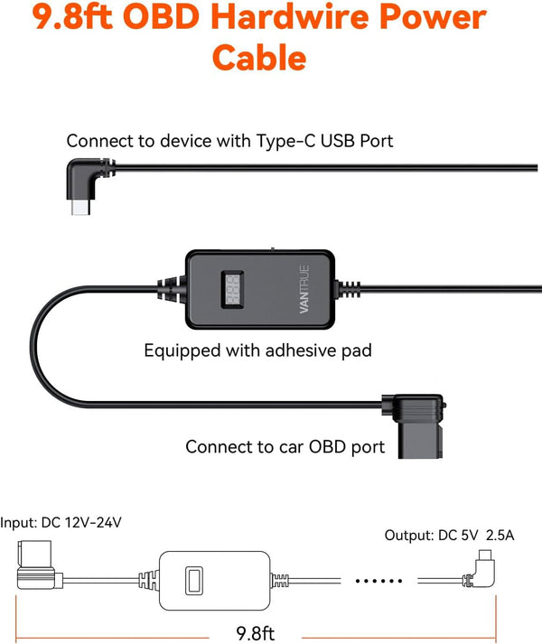 Vantrue OBD-II Direct-Hardwiring Kit | USB-C Dash Cam Parking Mode Cable
