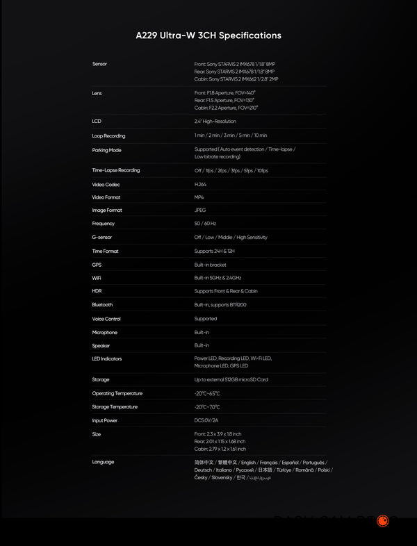 VIOFO A229 ULTRA-W 3CH | 4K+4K+HD 3CH Smart Waterproof Dash Cam