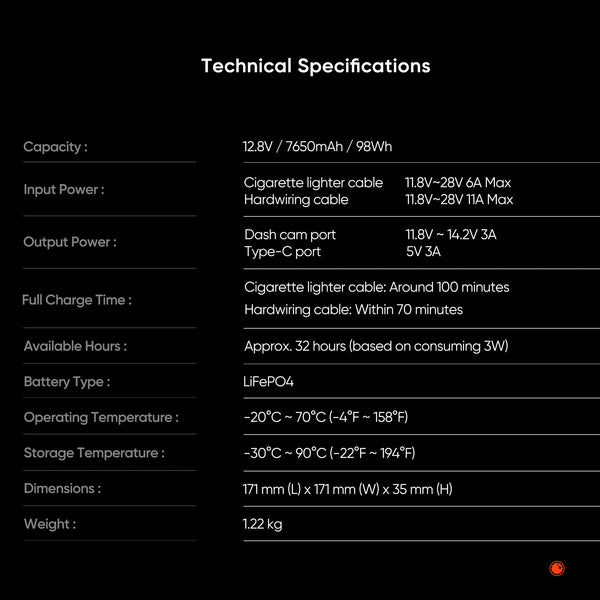 VIOFO BP100 Battery Pack | Technical Specs