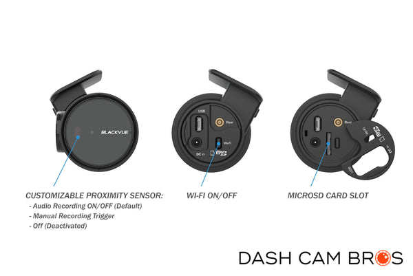Side View Showing Proximity Sensor. Cable Ports, and MicroSD Slots | DashCam Bros