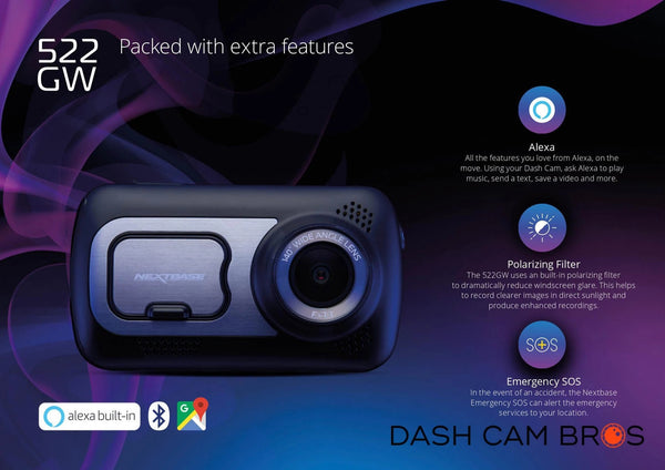 Built-In Amazon Alexa, Polarizing Filter, & Emergency SOS Alerts | Nextbase 522GW 2K HD Touchscreen Dashcam | DashCam Bros