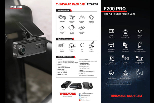 Box Contents and Technical Specs | Thinkware F200 Pro Dual Lens Dashcam | DashCam Bros
