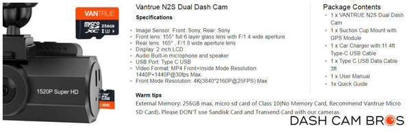 Specifications | Vantrue N2S Pro Dual 4K Dash Cam | DashCam Bros