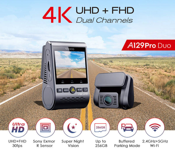 Key Features - WiFi, GPS, 4K, Up to 256GB Storage, Super Night Vision, Buffered Parking Mode | VIOFO A129 PRO Duo 4K Front and Rear Dual Lens Dash cam | DashCam Bros