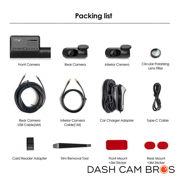 Packing List | VIOFO A139 3CH Dual Channel 2k Front & Rear Dash Cam | DashCam Bros