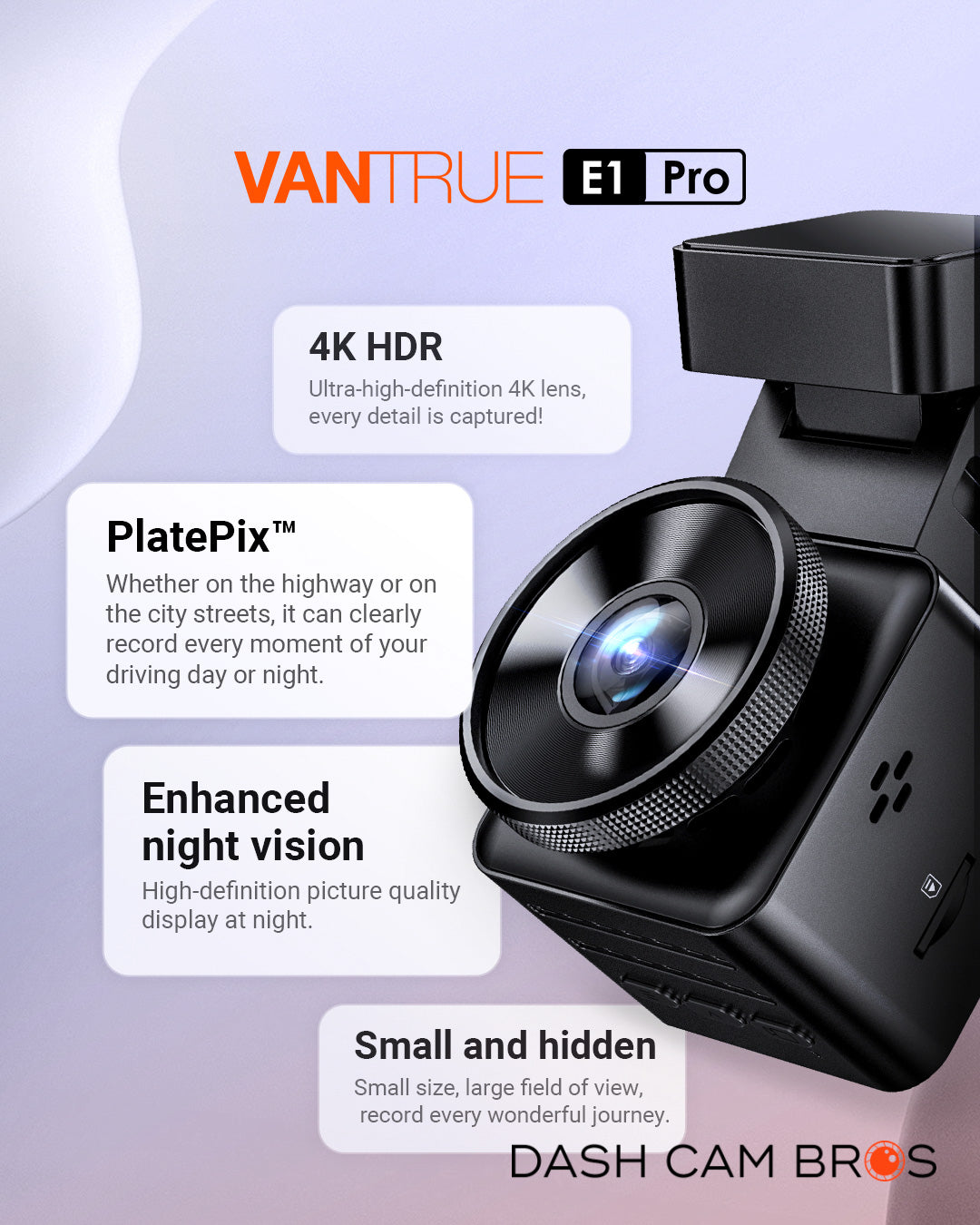 Vantrue Element 1 Pro (E1 Pro) Tiny 4K Dash Cam W/ Wi-FI & PlatePix - DashCam Bros