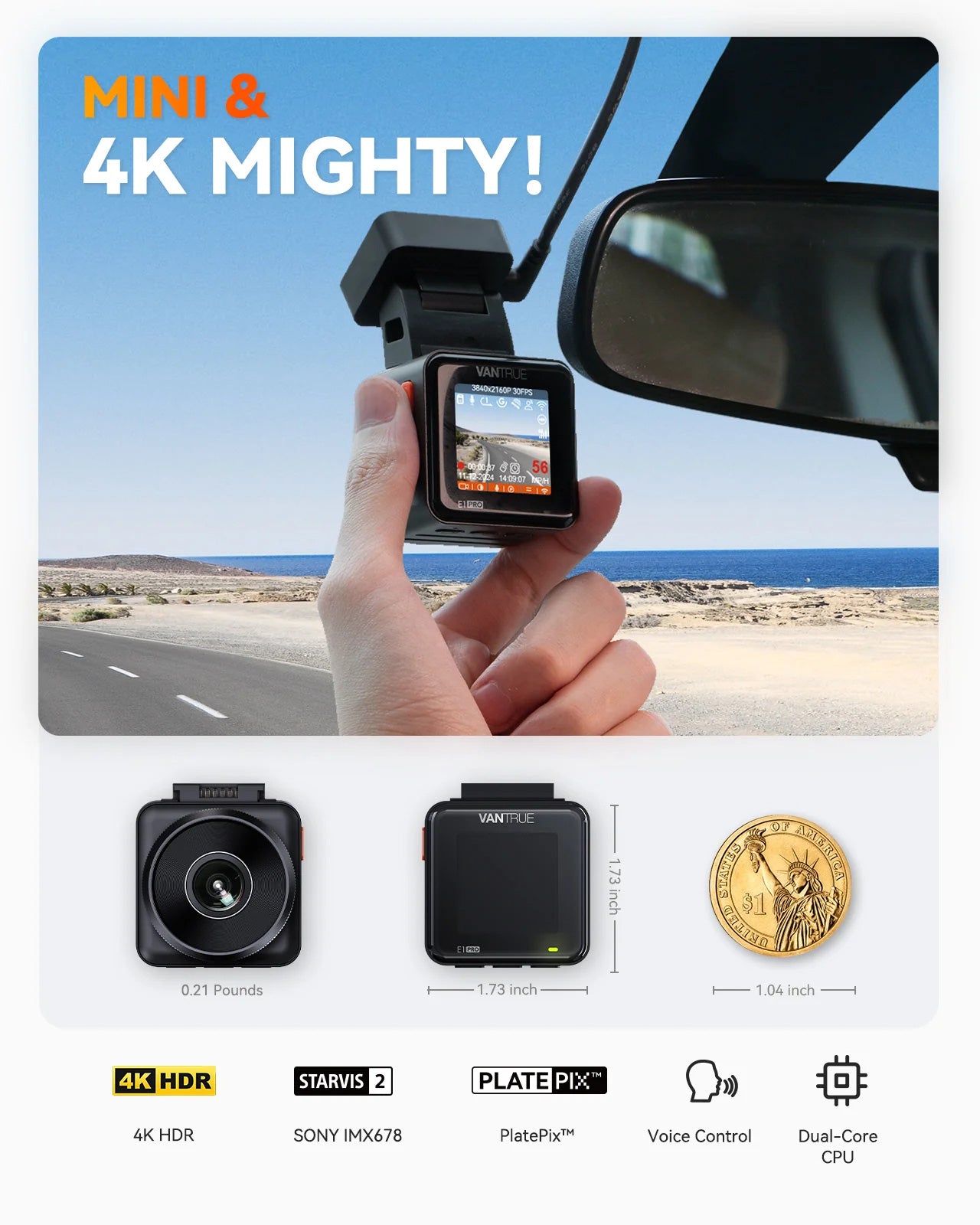 Vantrue Element 1 Pro (E1 Pro) Tiny 4K Dash Cam W/ Wi-FI & PlatePix - DashCam Bros
