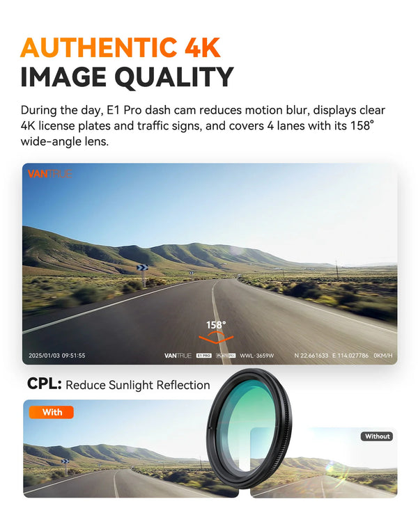 Vantrue Element 1 Pro (E1 Pro) Tiny 4K Dash Cam W/ Wi-FI & PlatePix