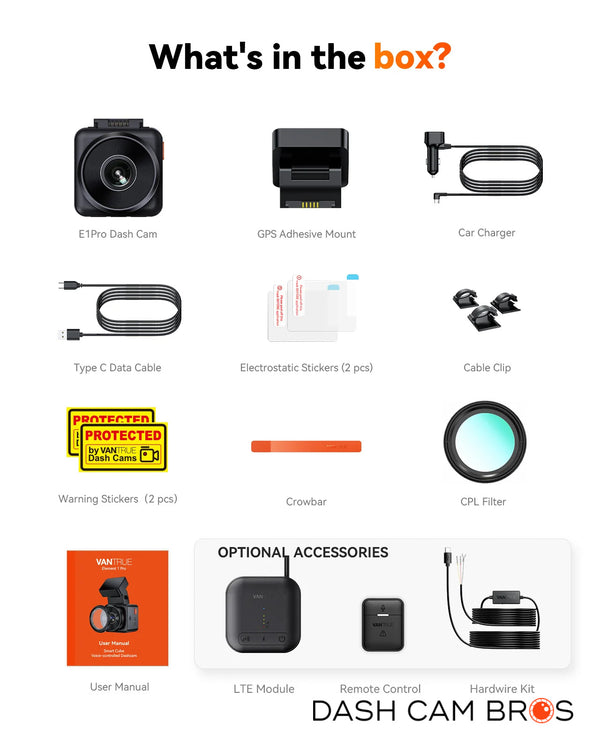 Vantrue Element 1 Pro (E1 Pro) Tiny 4K Dash Cam W/ Wi-FI & PlatePix