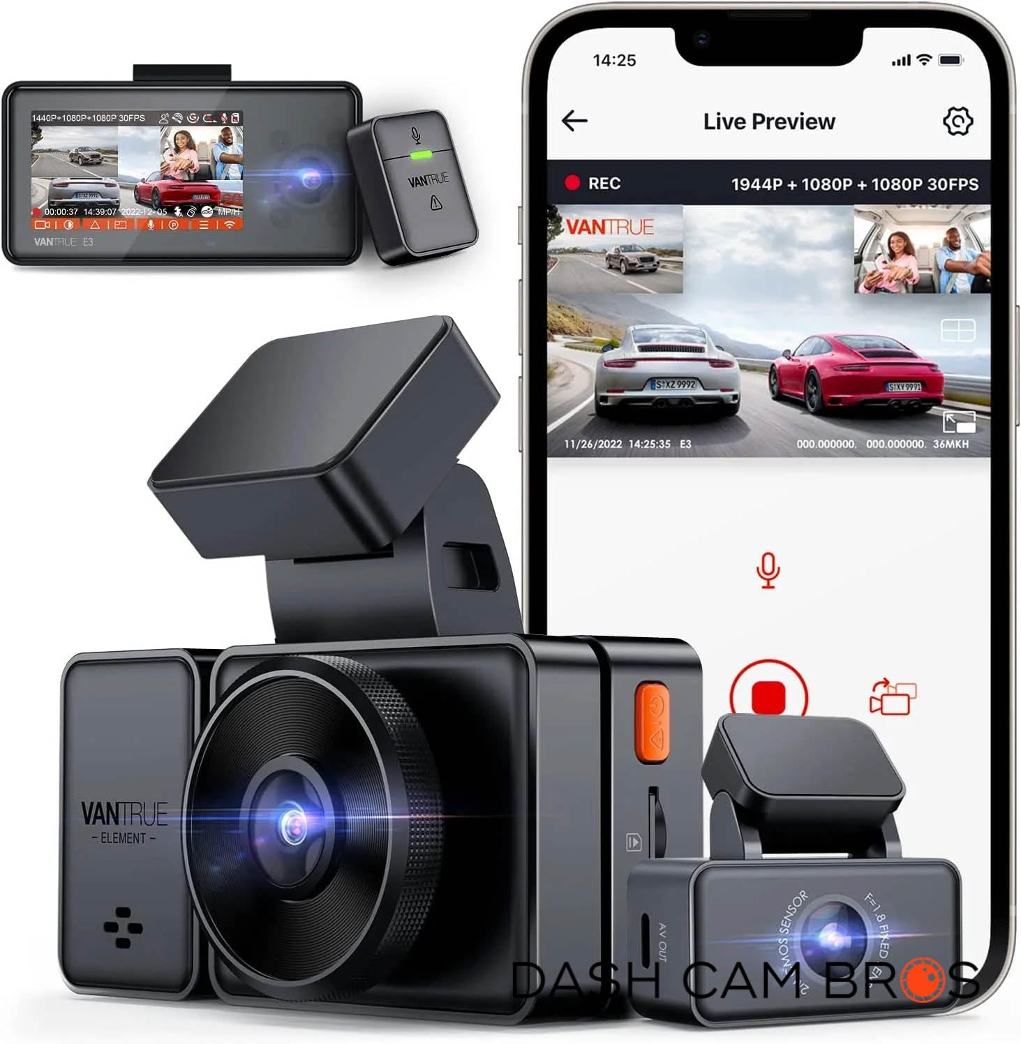 Vantrue Element 3 (E3) Compact 3-Channel Dash Cam for Front, Inside and Rear Recording - DashCam Bros