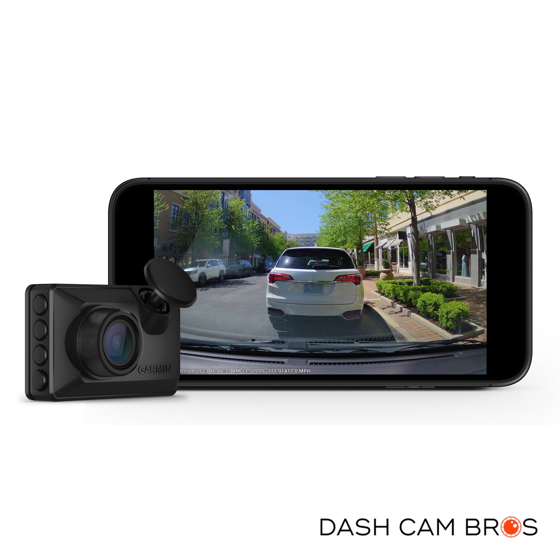 Front view of the Garmin X110 with live view through a smartphone. 