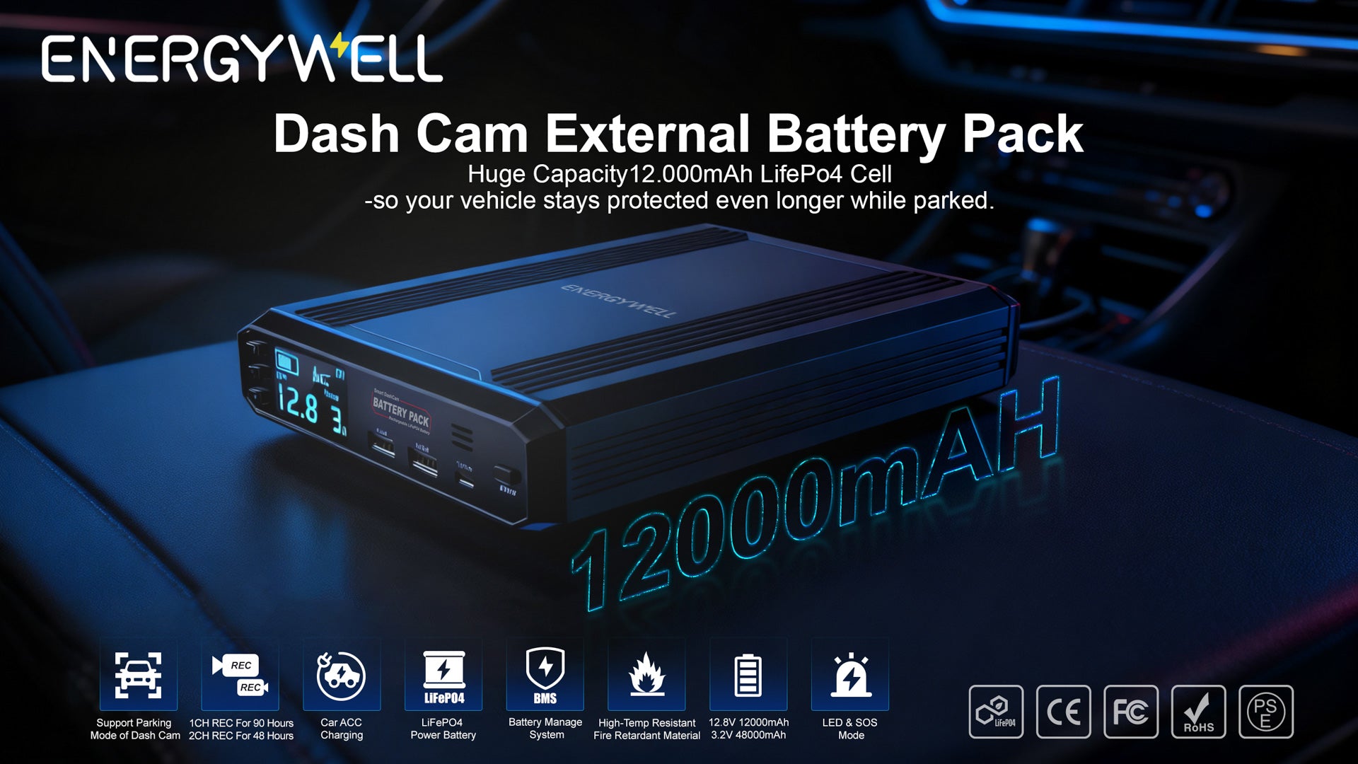 Energywell P8 External Battery Pack | Large 12,000mAh Capacity