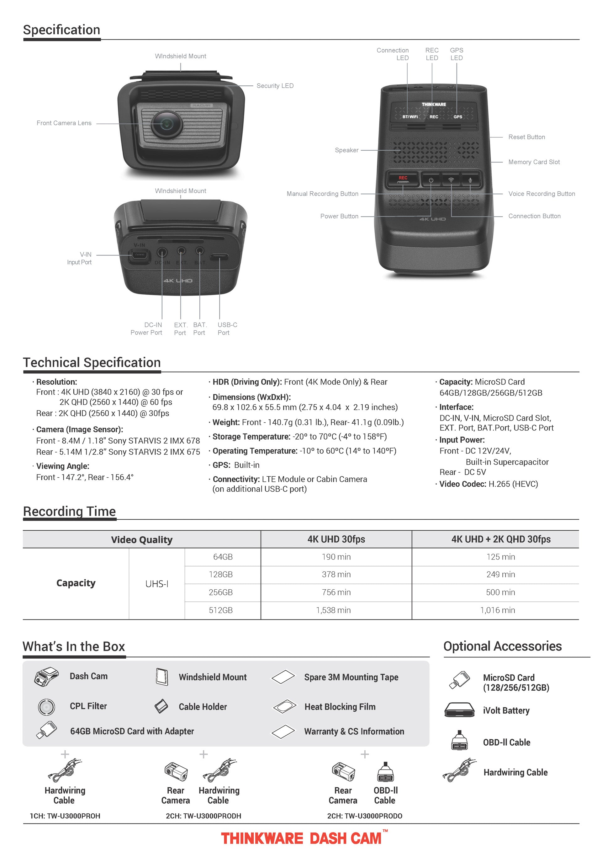 Thinkware U3000 PRO 1CH | Specifications