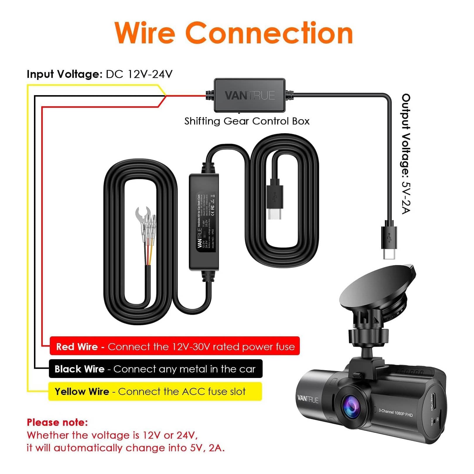 Vantrue USB-C Direct-Hardwiring Kit | Parking Mode Cable for Vantrue N4/N2S Dash Cam - DashCam Bros
