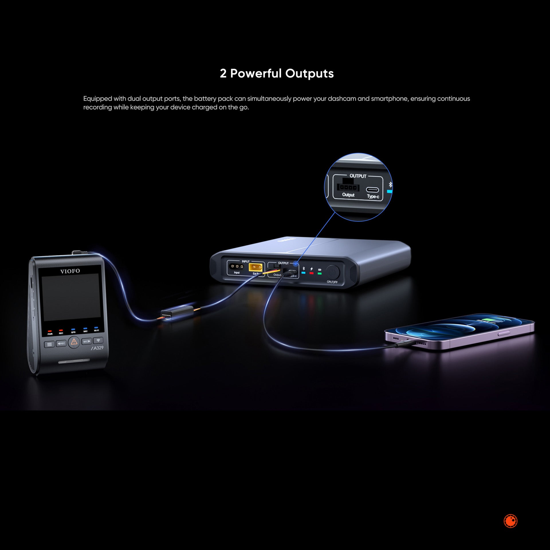 VIOFO BP100 Battery Pack | Dual Output Ports Provide Simultaneous Dash Cam and Smartphone Power