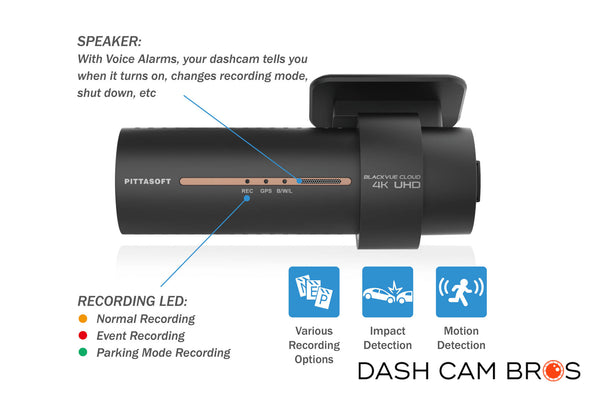 Features Including Voice Alerts, LED Status Indicators, and Dedicated Recording Modes | DR900X-2CH-PLUS | DashCam Bros