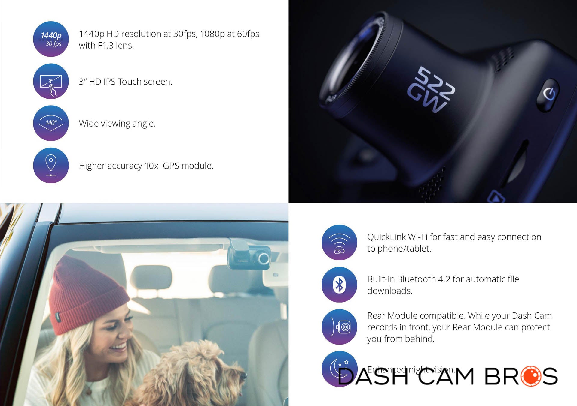 NEXTBASE 522GW Dash Cam 1440P/30fps Quad HD with Wi-Fi Bluetooth 10Hz GPS-  Built-in Alexa- Night Vision- Parking Mode- 280/360 Degree Dual 6 Lane Wide