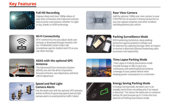 Key Features | Thinkware F200 Pro Single Lens Front-Facing Dash Cam | DashCam Bros
