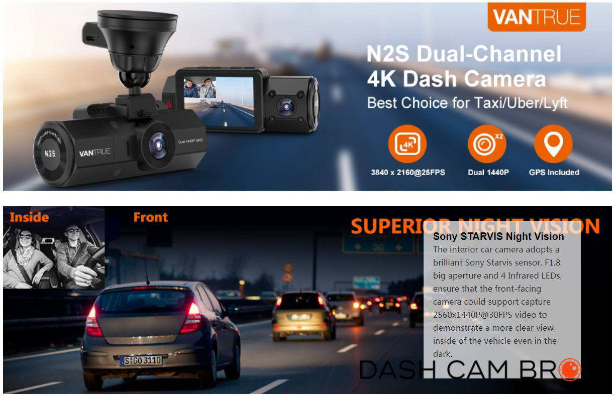 VANTRUE N2S 4K Dashcam Auto Dual 1440P Dash Cam Avant Arrière, GPS 24hrs  Dual Parking