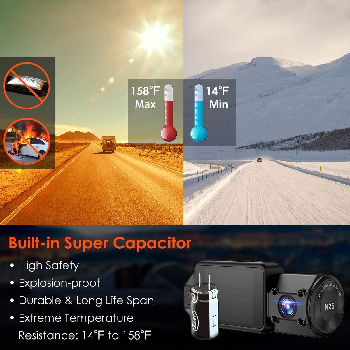 Vantrue N2S 2K Dual Lens Dash Cam for Front and Inside Recording