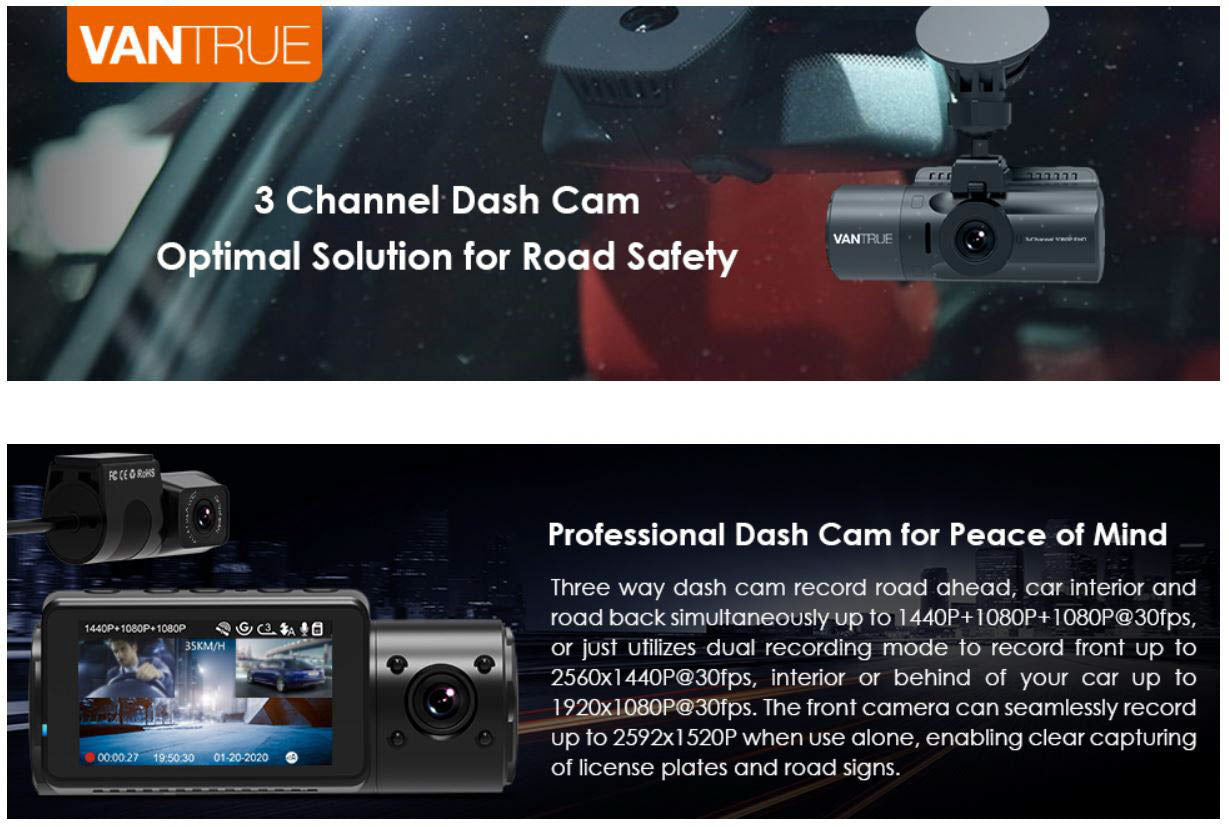 Vantrue N4 Three Channel Front, Inside and Rear Dash Cam, 1440P+1080P+1080P  Triple Car Accident Capacitor Dash Camera, IR Night Vision, 24 Hours  Parking Mode, Collision Detection, Support 256GB Max 