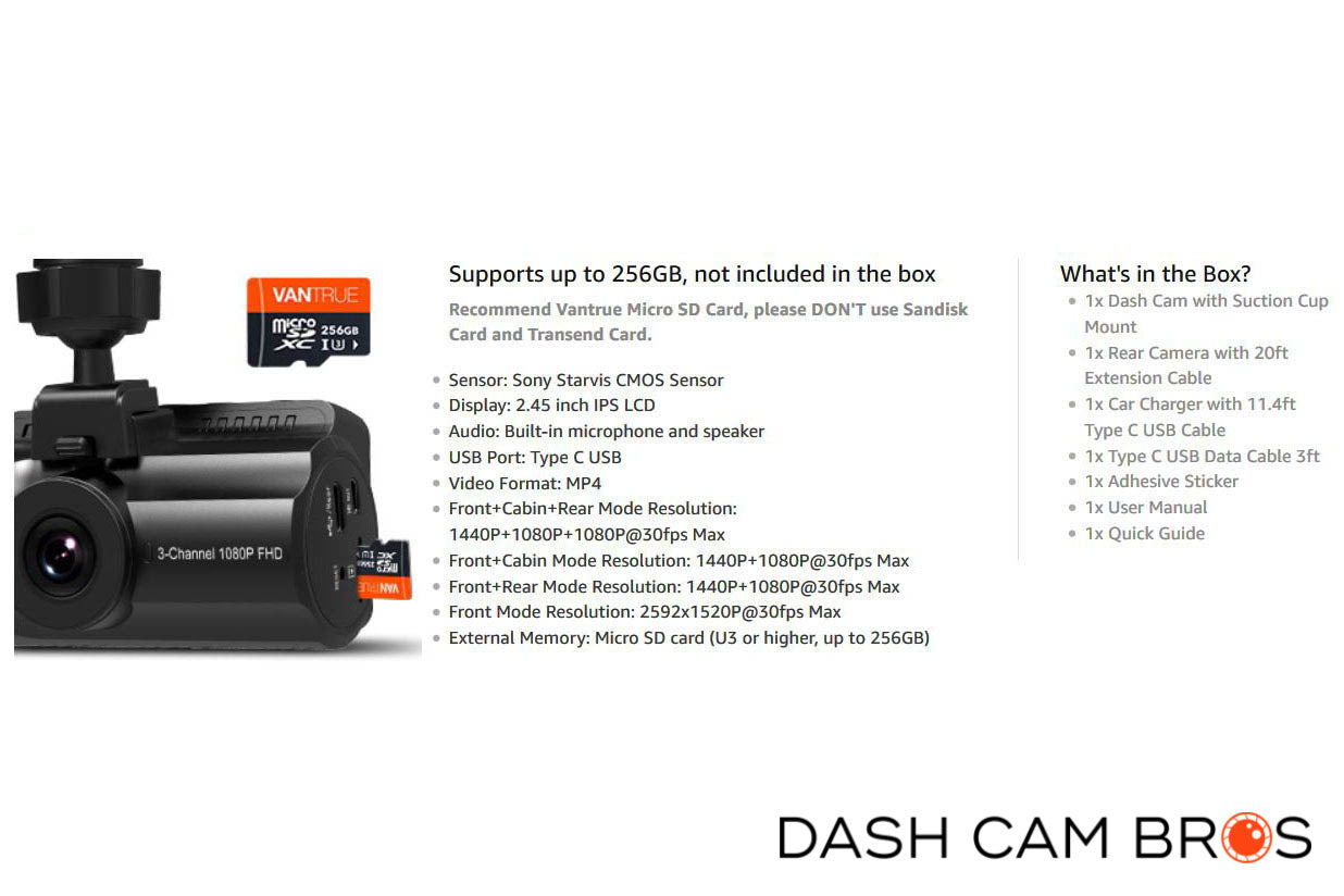 Vantrue N4 Pro 3 Channel 4K WiFi Dash Cam | GPS 4K + 1080P + 1080P (Memory  Card Not Included)