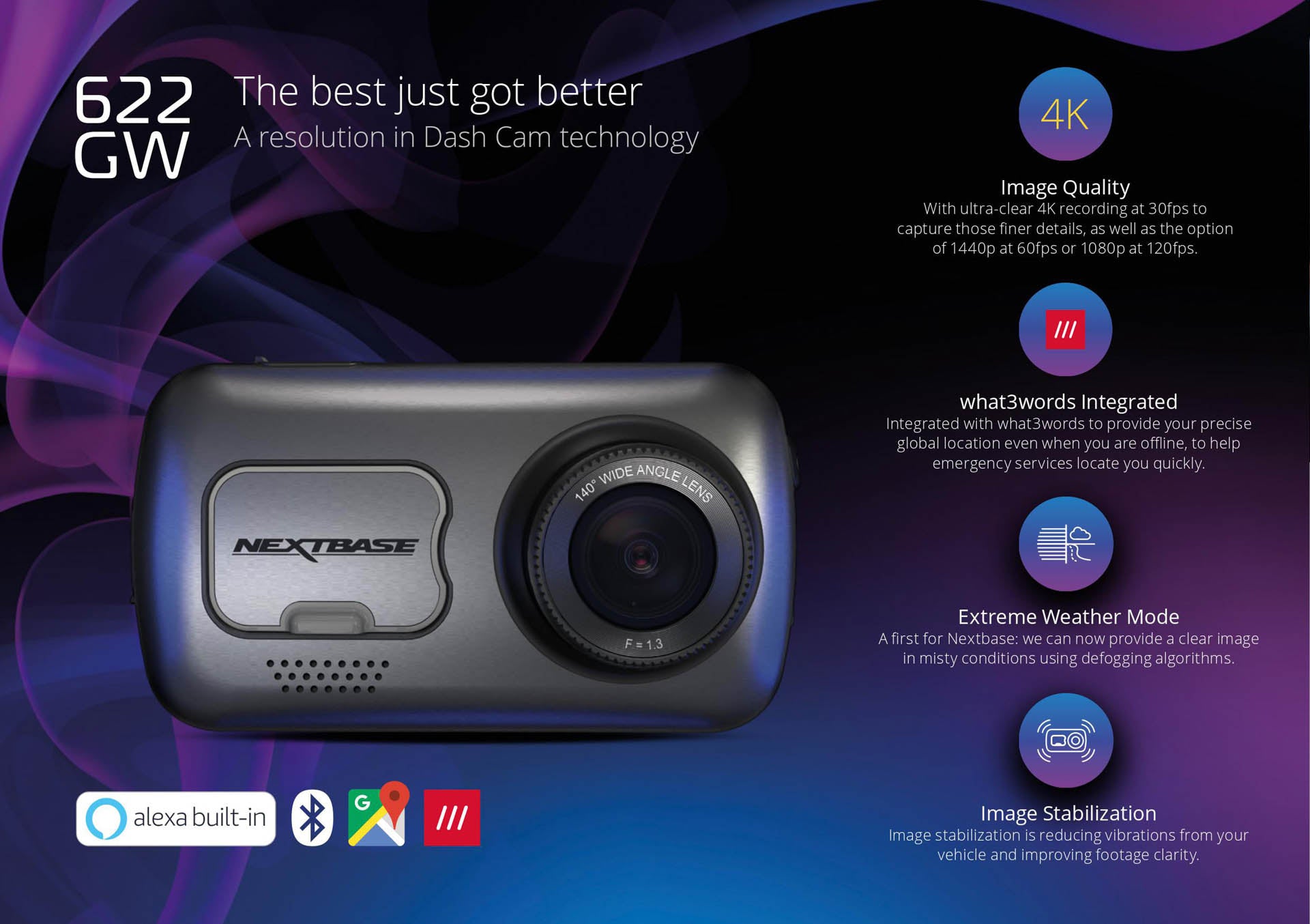 NENEXTXTBASE 622GW Dash Cam 4K HD resolution 30FPS 3in HD IPS touch screen