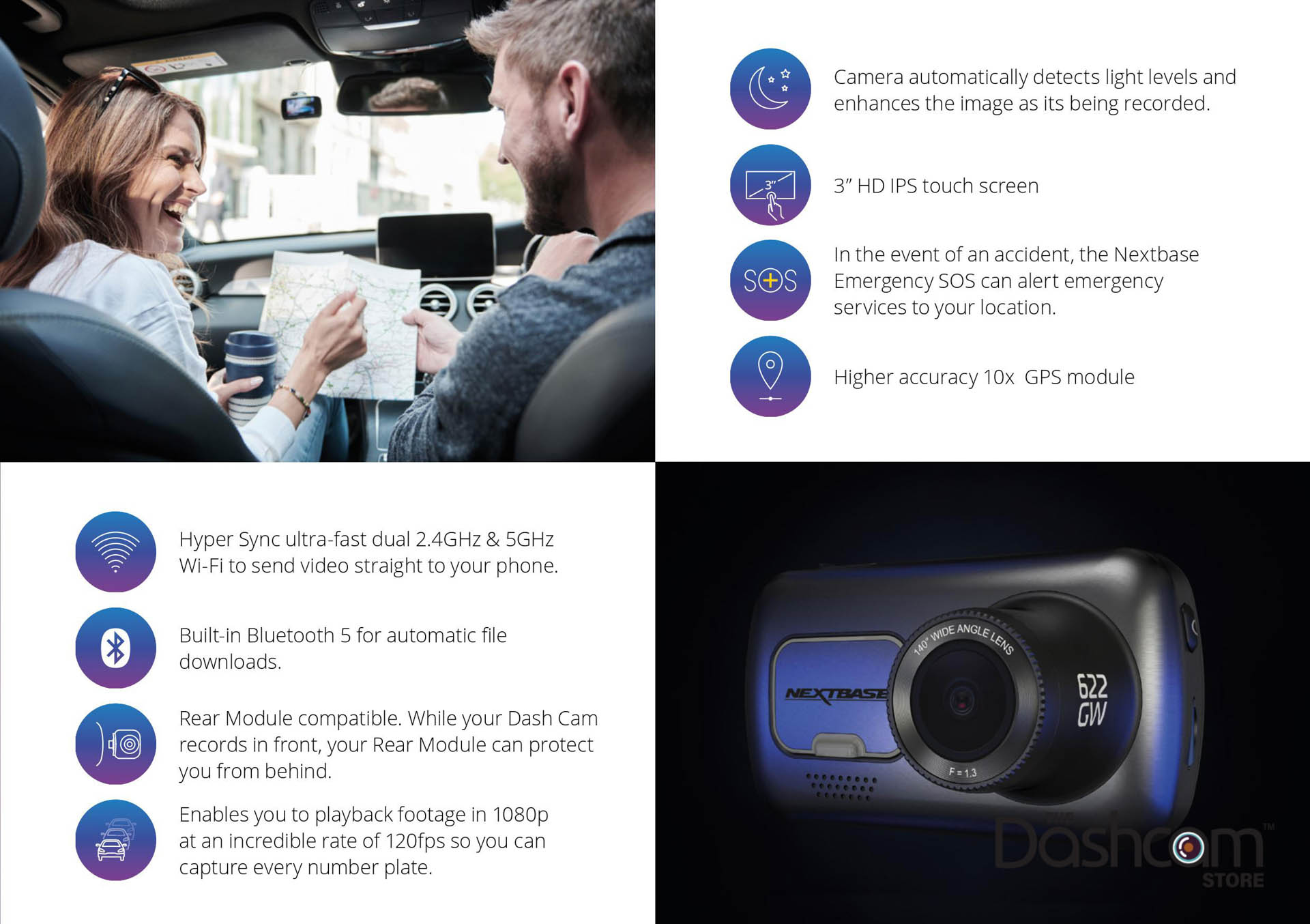 Nextbase 622GW Dash Cam Front and Rear Camera- Full 4K/30fps UHD Recording in Car Camera- WiFi Bluetooth GPS- Slow Motion 120fps- What3Words- Alexa 